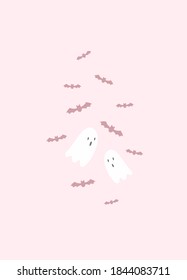 Gрost with pink bats vector print on pink background. Glamour helloween