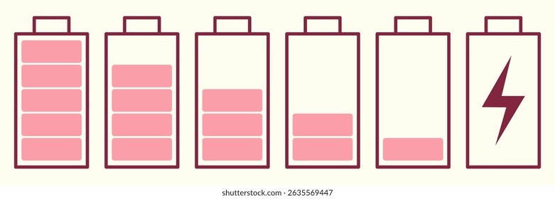 Pink battery icons. Battery icons set. Power low up status batteries icons