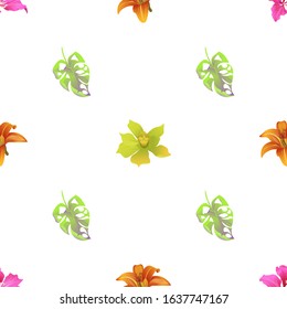 Pink Bauhinia Purpurea. Orange Daylily. Green Monstera. Yellow Orchid. Vector illustration. Seamless background pattern. Floral botanical flower. Wild leaf wildflower isolated. Exotic tropical.