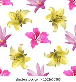 Pink Bauhinia Purpurea. Purple Hatiora. Yellow Lilium. Vector illustration. Seamless background pattern. Floral botanical flower. Wild leaf wildflower isolated. Exotic tropical hawaiian jungle.