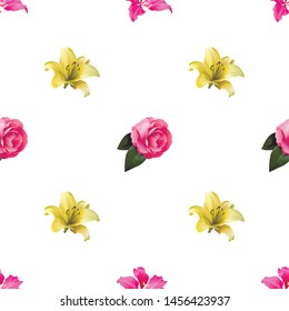 Pink Bauhinia Purpurea. Yellow Lilium. Pink Balsam. Vector illustration. 