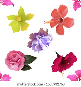 Pink Bauhinia Purpurea. Yellow Orchid. Red Hibiscus. Pink Balsam. Violet Clematis. Vector illustration. Seamless background pattern. Floral botanical flower. Wild leaf wildflower isolated. Exotic.