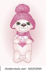 Pink be my valentine card with white Teddy Bear in a red knitted winter hat and a scarf with a heart shaped cardboard box in his hands, a Valentine's day shirt or a postcard print