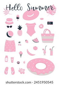 Pink beach accessories isolated on white. Swimsuit, swimming trunks, hat, sunglasses, flip flops, sunscreen, camera, donut swimming ring, watermelon. Things for summer vacation. Hello Summer Vector