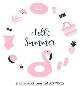 Pink Beach Accessories. Set. Hello Summer concept. Swimsuit, hat, sunglasses, flip flops, sunscreen, camera, flamingo swimming ring, ice cream, watermelon, pineapple, ball. Vector illustration