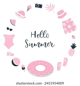 Pink Beach Accessories. Set. Hello Summer concept. Swimsuit, hat, sunglasses, flip flops, sunscreen, camera, donut swimming ring, ice cream, watermelon, pineapple, ball. Vector illustration