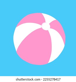 Pink beach ball in cartoon flat style. Vector illustration isolated on blue background.