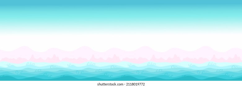 Pink beach, blue sea, sand, summer background pattern with ocean wave, horizon landscape graphic design