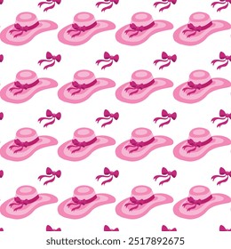 Pink beach hat with wide brim and big bow. Simple seamless pattern. Vector illustration.