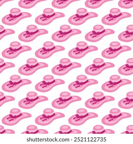 Pink beach hat with wide brim and big bow. Simple seamless pattern. Vector illustration.