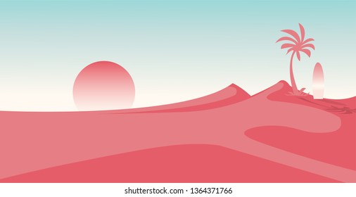 pink beach with palm and pink sun ,flat landscape , vector illustration
