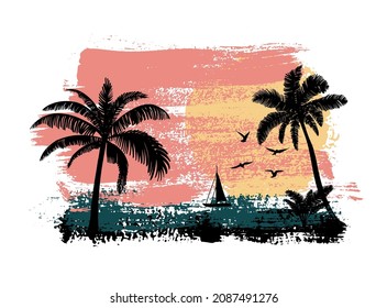 Pink beach sunshine grunge palm and biach in vintage style on white background. Sunset light. Vector silhouette. Stamp texture. Abstract bright wallpaper