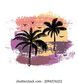 Pink beach sunshine grunge palm and biach in vintage style on white background. Sunset light. Vector silhouette. Stamp texture. Abstract bright wallpaper.