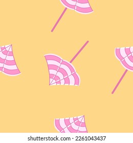 Pink beach umbrella seamless pattern. Vector illustration in cartoon flat style isolated on orange background