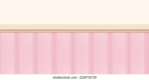 Pink beadboard or wainscot with top chair guard trim seamless pattern on beige wall. Light wood or gypsum embossed baseboard or skirting under vintage wall panels. Vector illustration