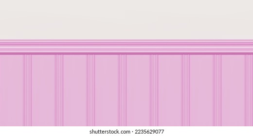 Pink beadboard or wainscot with top chair guard trim seamless pattern on white wall. Light wood or gypsum embossed baseboard or skirting under vintage wall panels. Vector illustration