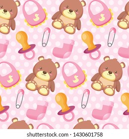 pink bear bib pacifier sock girl decoration baby shower card vector illustration