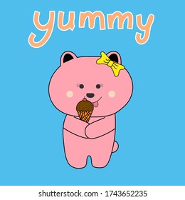 Pink Bear Eat icecream on blue background