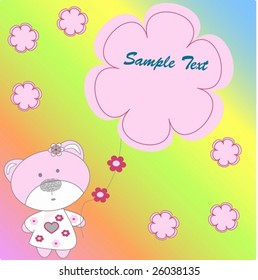 Pink bear with flowers in rainbow background