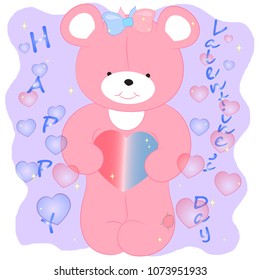 pink bear with hearts cartoon vector illustration. valentines day greeting card.
