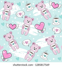 Pink bear holds a cup of coffee and heart on a blue background seamless pattern