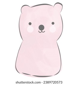 pink bear painted with watercolor Vector illustration.