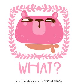 Pink bear in Scandinavian style with frame and handwritten interrogative phrase. Vector illustration.