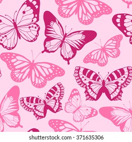 Pink beautiful butterfly. Vector seamless pattern