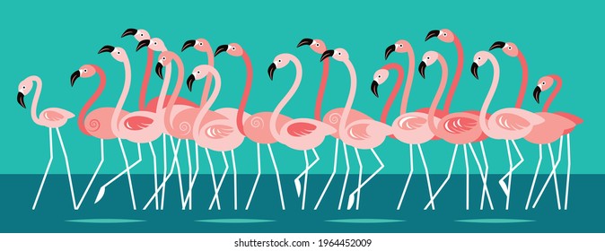 Pink beautiful Flamingo, flock of birds Cartoon vector illustration, horizontal banner.