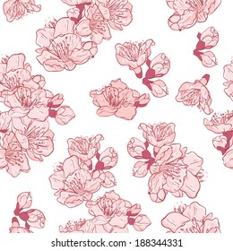 Pink beautiful floral seamless pattern. Fruit tree in blossom, spring natural vector background