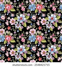 flores bonitas rosa 
 Azul doce, estilo vintage, desenhado à mão, sem costura em um fundo preto. Projetado para tecido, moda, têxteis, papel de parede, envoltório de presente.