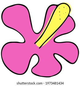 pink beautiful hibiscus flower, vector color doodle element with black outline