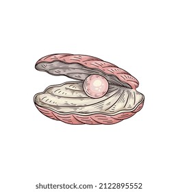 Pink beautiful natural pearl in open shell, hand drawn sketch style vector illustration isolated on white background. Colored vintage image of pearl in mollusk shell.