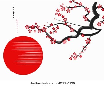  pink beautiful sakura branch with flowers and sun drawn in japanese style vector illustration