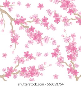 Pink beautiful sakura or cherry blossom branch with flowers drawn in japanese style. vector illustration design.