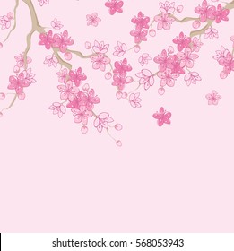 Pink beautiful sakura or cherry blossom branch with flowers drawn in japanese style. vector illustration design.