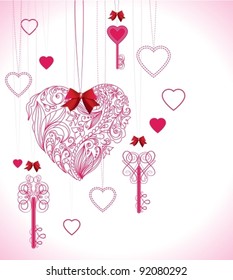 Pink beautiful Valentine background with keys and hearts, vector
