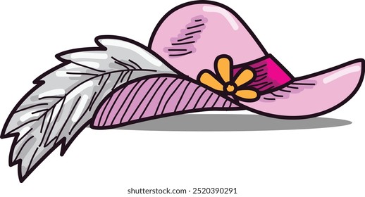 pink beautyful classic woman hat with yellow flower and white fur accesories, girl fashion graphic resource, head decoration design material, hat vector