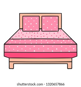 Pink bed with a polka dot bedspread with an angular black outline.