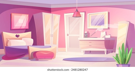 Pink bedroom interior design. Vector cartoon illustration of cozy pastel room furnished with bed and pouf, wooden drawer and wardrobe, wall pictures, floor mirror, carpet, flower pot, modern home