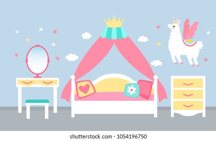 Pink Bedroom Interior For A Princess Girl With A Four-poster Bed And A Crown. Flat Vector Illustration