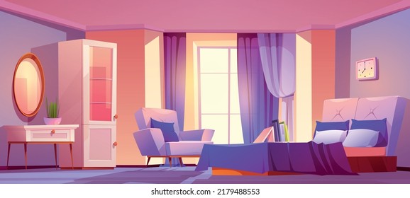 Pink bedroom interior with purple decor. Empty room with modern furniture, mirror, bed, armchair, table and cupboard. Feminine design for girl, hotel suit, apartment. Cartoon vector illustration - Shutterstock ID 2179488553