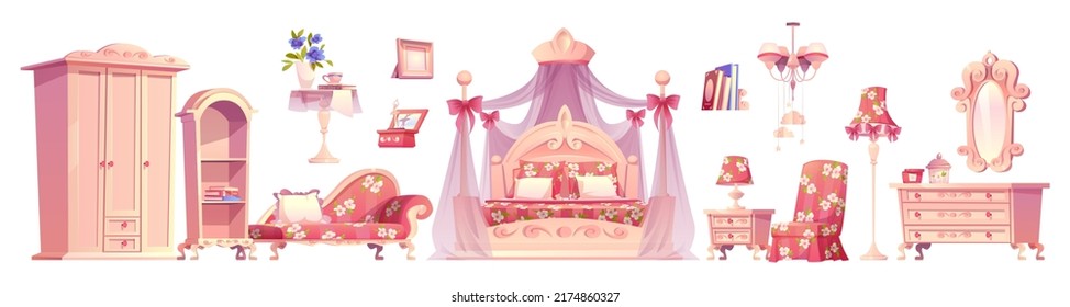 Pink bedroom, princess room furniture. Luxury interior elements, romantic vintage bed with canopy, floor lamp, wardrobe, mirror, table and armchair with chest of drawers, isolated cartoon vector set