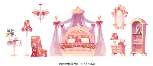 Pink bedroom, princess room furniture with floral pattern. Luxury interior elements, romantic vintage bed with canopy, floor and ceiling lamp, mirror, table and armchair, isolated cartoon vector set