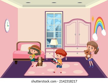 Pink bedroom scene with cartoon character illustration