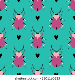 Pink beetles on the bright background. Seamless pattern with cartoon elements.