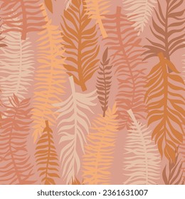 Pink and beige abstract feathers and leaves pattern. Tropical sun-scorched leaves, plant silhouettes. Muted colors - shades of coral, brown, orange. Great pattern for summer shirts