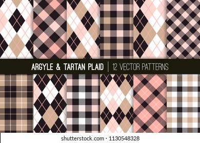 Pink, Beige And Black Argyle, Tartan And Gingham Plaid Vector Patterns. Girly Preppy Fashion Style Fabric Prints. Repeating Pattern Tile Swatches Included.