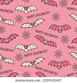 Pink beige flying Halloween bats on a pink background with cobwebs and lines