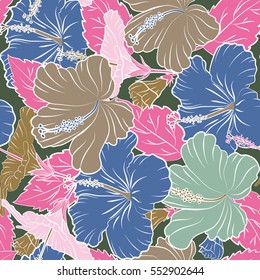 Pink and beige hibiscus seamless pattern. Vector seamless pattern with tropical flowers in watercolor style. Vector illustration.